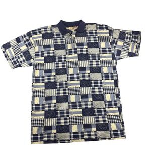 Northwest Blue Mens Large Polo Shirt Patchwork Print Blue Cotton NWT Vintage Y2K